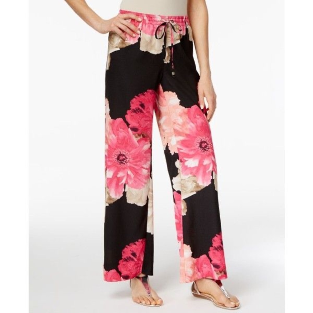 Calvin Klein Womens Floral Casual Wide Leg Pants, Black NWOT Sp